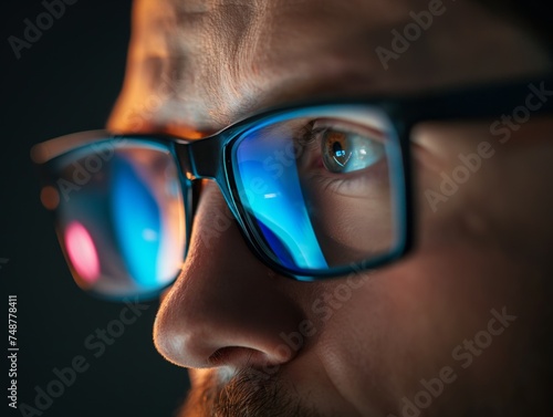 Close-up of a man in front of a computer wearing glasses in the dark