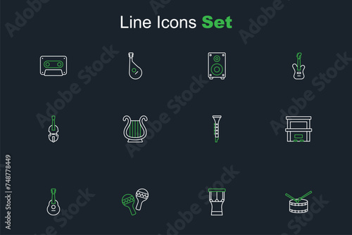 Set line Drum with drum sticks, African percussion, Maracas, Guitar, Piano, Clarinet, Ancient Greek lyre and Violin icon. Vector