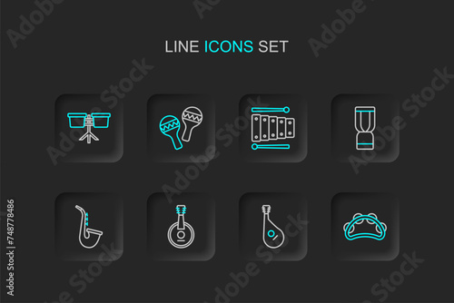 Set line Tambourine, Bandura, Banjo, Saxophone, African djembe drum, Xylophone, Maracas and Bongo icon. Vector