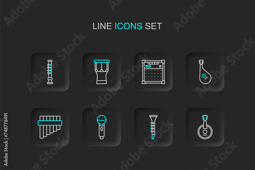Set line Banjo, Clarinet, Microphone, Pan flute, Bandura, Guitar amplifier, African percussion drum and Flute icon. Vector