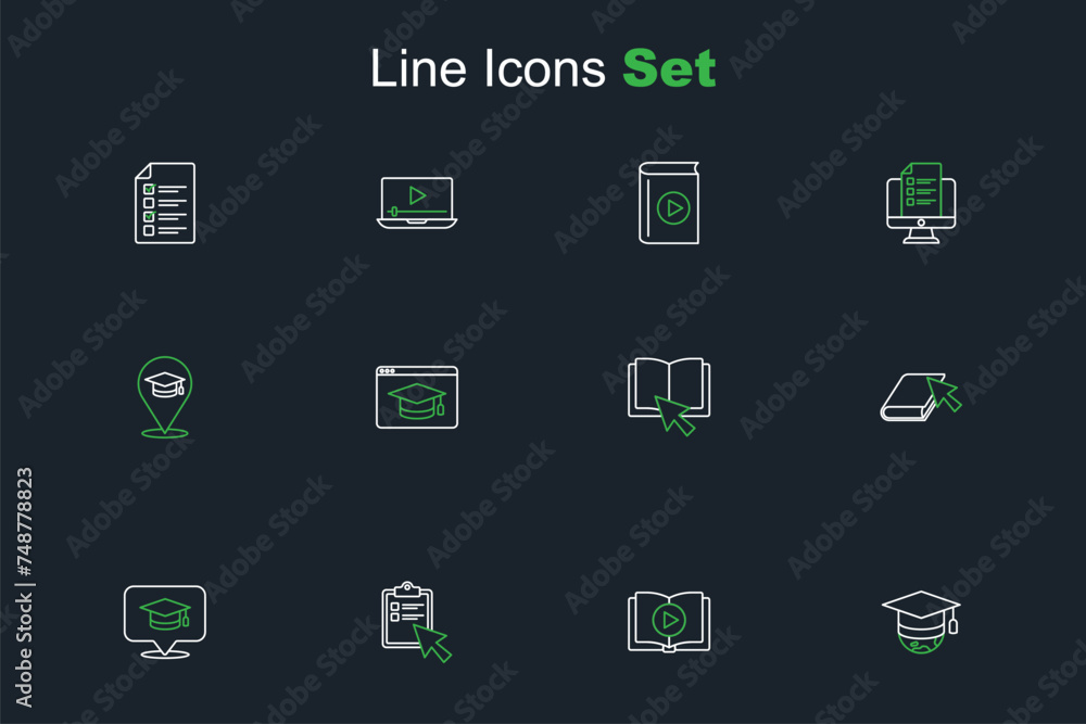 Set line Graduation cap on globe, Audio book, Online quiz, test, survey, speech bubble, education and icon. Vector Set line Graduation cap on globe, Audio book, Online quiz, test, survey, speech bubble, education and icon. Vector