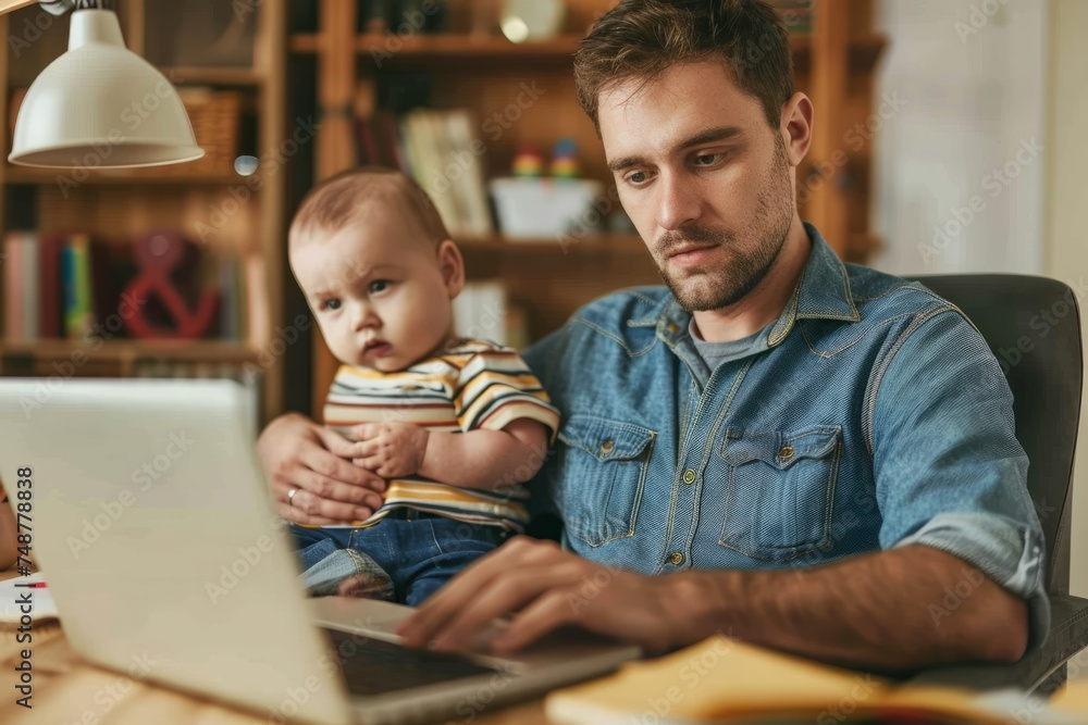 A young single father works from home office balancing parent responsibilities while caring for his baby boy, labour day banner A young single father works from home office balancing parent responsibilities while caring for his baby boy, labour day banner