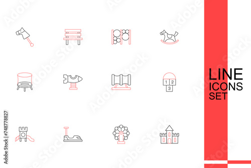 Set line Sand castle, Swing for kids, Bumper car, Slide playground, Hopscotch, Kid slide pipe, plane and Jumping trampoline icon. Vector