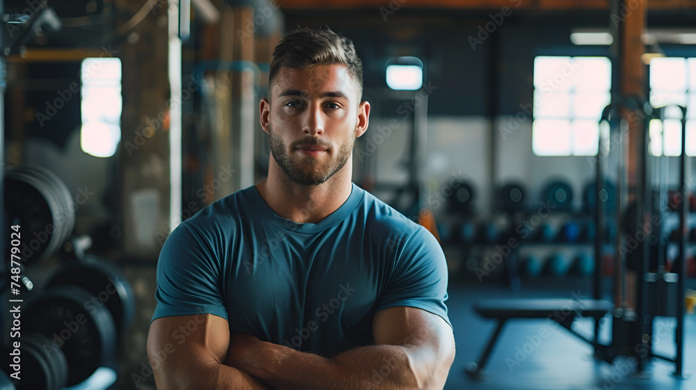 muscular trainer against the backdrop of a gym with copy space muscular trainer against the backdrop of a gym with copy space