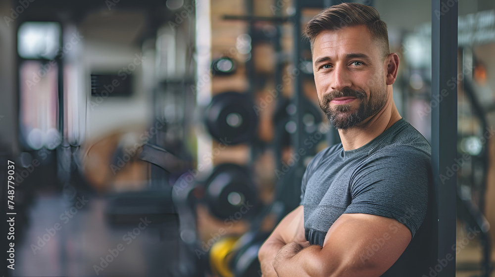 muscular trainer against the backdrop of a gym with copy space muscular trainer against the backdrop of a gym with copy space
