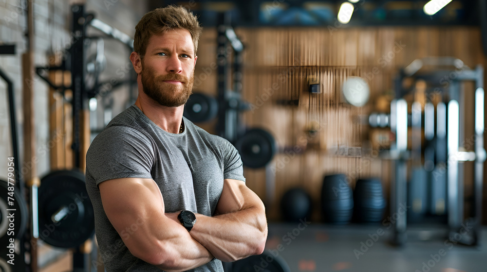 muscular trainer against the backdrop of a gym with copy space muscular trainer against the backdrop of a gym with copy space