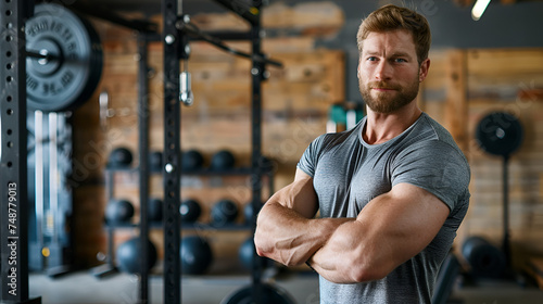 muscular trainer against the backdrop of a gym with copy space