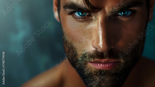 close-up portrait of a handsome, young brunette man with blue eyes on a dark background