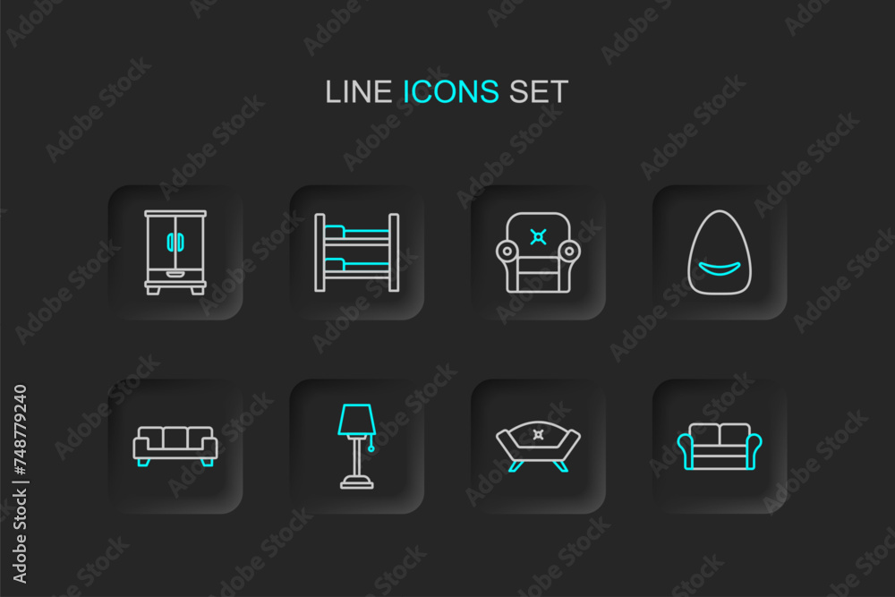 Set line Sofa, Floor lamp, Pouf, Armchair, Bunk bed and Wardrobe icon. Vector Set line Sofa, Floor lamp, Pouf, Armchair, Bunk bed and Wardrobe icon. Vector