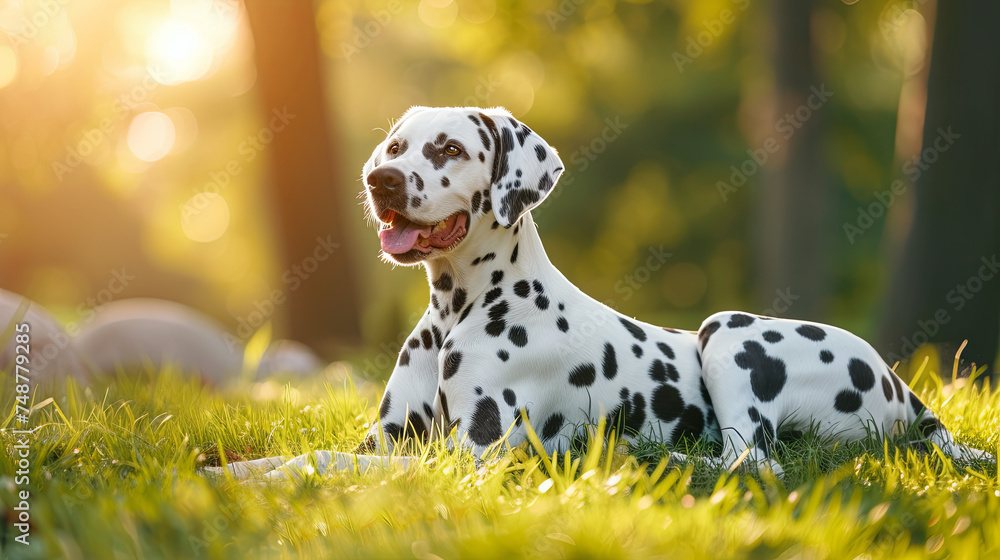 Dalmatian dog lies resting in a spring park