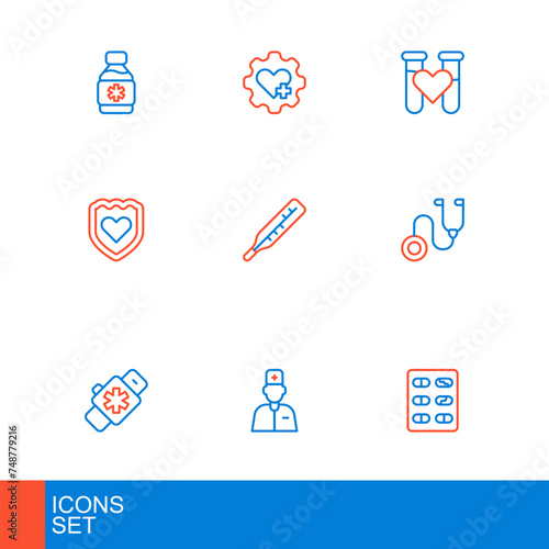 Set line Pills in blister pack, Male doctor, Smart watch with heart, Stethoscope, Immune system, Medical thermometer, Test tube blood and Heart cross icon. Vector