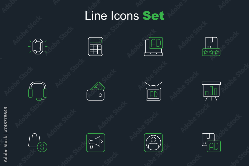 Set line Advertising, Create account screen, Megaphone, shopping bag and dollar, Board with graph chart, Wallet money and Headphones icon. Vector