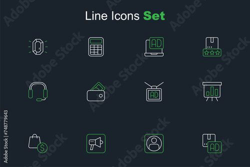 Set line Advertising, Create account screen, Megaphone, shopping bag and dollar, Board with graph chart, Wallet money and Headphones icon. Vector