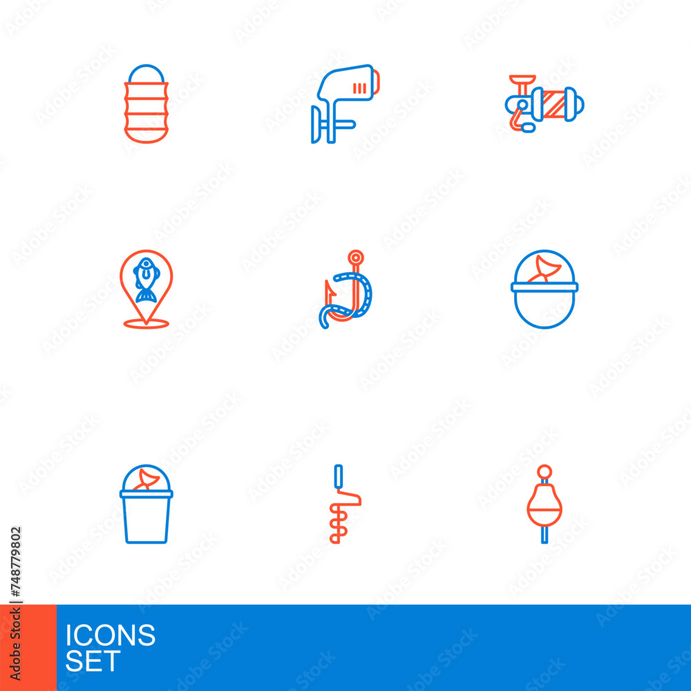 Set line Fishing float, Hand ice drill, Fisherman hat, bucket with fish, Location fishing, hook worm, Spinning reel for and Outboard boat motor icon. Vector Set line Fishing float, Hand ice drill, Fisherman hat, bucket with fish, Location fishing, hook worm, Spinning reel for and Outboard boat motor icon. Vector