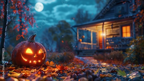Halloween evening with Jack-o-lantern illuminating a cozy autumn porch