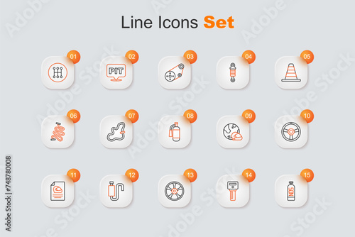 Set line Nitrous oxide, Car key with remote, Alloy wheel for car, muffler, Racing helmet, steering, and Fire extinguisher icon. Vector