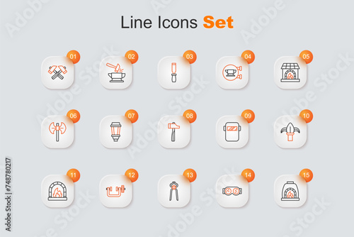 Set line Blacksmith oven, Welding glasses, pliers tool, Clamp and screw, Classic iron fence, mask and Hammer icon. Vector