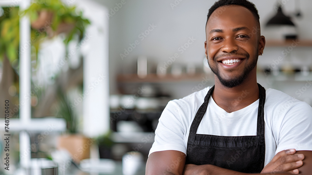 smiling waiter close-up against the background of a bar with copy space