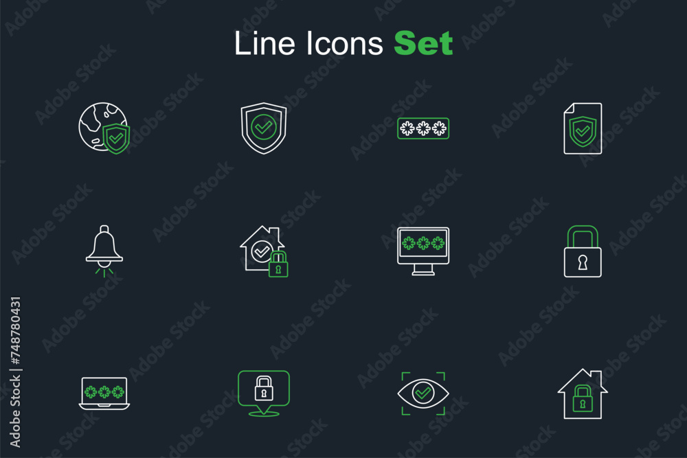 Set line House under protection, Eye scan, Lock, Laptop with password, Monitor, and Ringing alarm bell icon. Vector Set line House under protection, Eye scan, Lock, Laptop with password, Monitor, and Ringing alarm bell icon. Vector