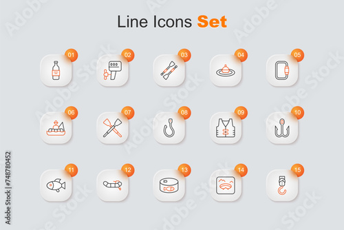 Set line Spring scale, Winter fishing, Canned, Inflatable boat with motor, Fish, Fishing hook, jacket and icon. Vector