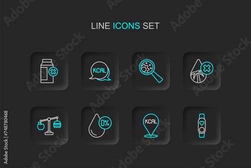 Set line Smart watch with heart, Kcal, Water balance, Calorie calculator, Palm oil free, GMO, and Lactose intolerance icon. Vector