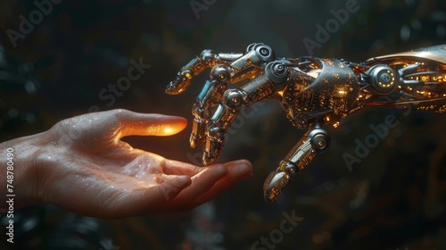 Three-dimensional rendering of robot hand making contact with human hand on dark background