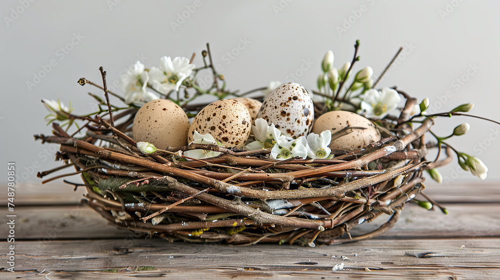 Obraz premium Spring nest with quail eggs with flowers on a gray background