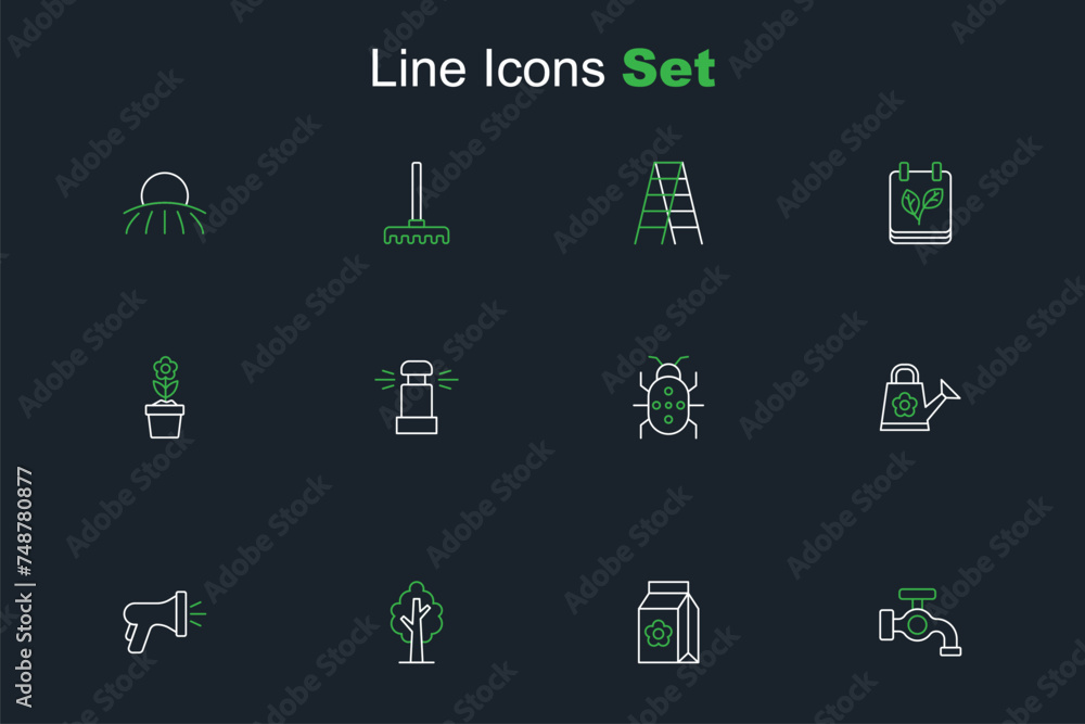 Set line Water tap, Pack full of seeds, Tree, Garden hose, Watering can, Colorado beetle, Automatic irrigation sprinklers and Flower pot icon. Vector Set line Water tap, Pack full of seeds, Tree, Garden hose, Watering can, Colorado beetle, Automatic irrigation sprinklers and Flower pot icon. Vector