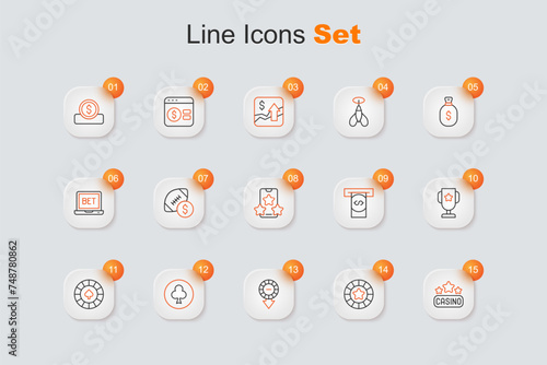 Set line Casino signboard, chips, Playing card with clubs symbol, poker trophy cup, Automated teller machine and money and Online sports betting icon. Vector