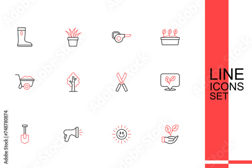 Set line Leaf in hand, Sun, Garden hose, Shovel, Gardening scissors, Tree and Wheelbarrow icon. Vector