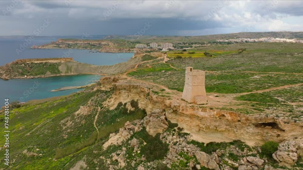 Gnejna Bay and tower, sea, nature, stormy sky. Malta island Gnejna Bay and tower, sea, nature, stormy sky. Malta island