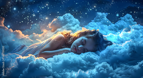 Beautiful girl sleeping on a cloud on a dark starry night. photo