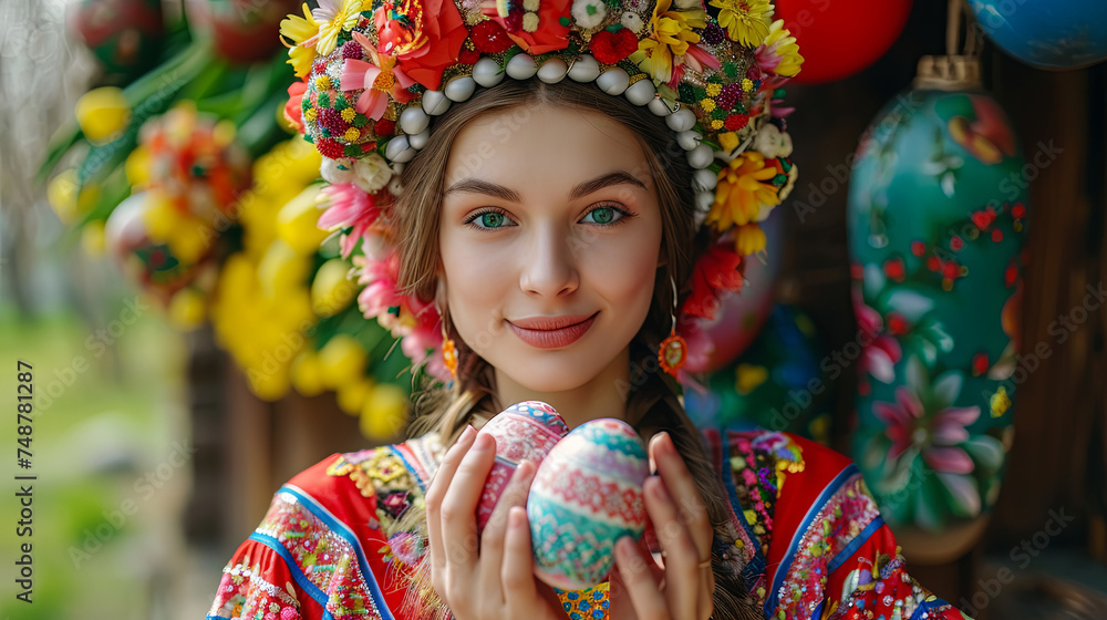 Fototapeta premium Beautiful girl with Easter eggs in her hands and festive attire