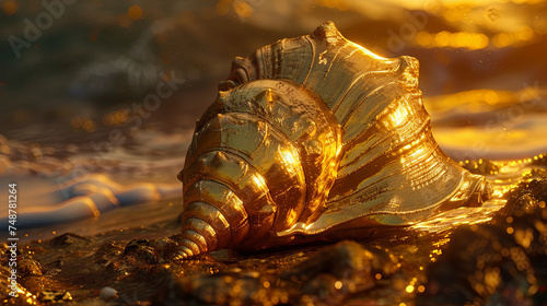 Golden seashell on golden background