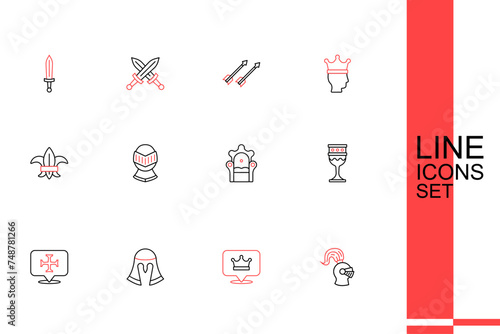 Set line Medieval helmet, King crown, Crusade, goblet, throne, and Fleur lys or lily flower icon. Vector photo
