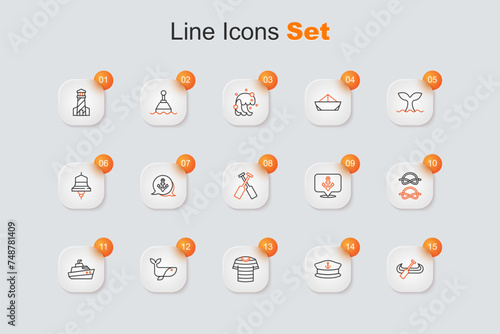 Set line Kayak and paddle, Captain hat, Striped sailor t-shirt, Whale, Speedboat, Nautical rope knots, Anchor and Crossed oars paddles icon. Vector