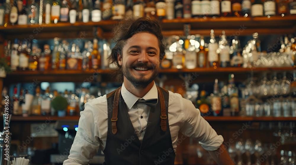 young smiling bartender on the background of a bar with copy space young smiling bartender on the background of a bar with copy space
