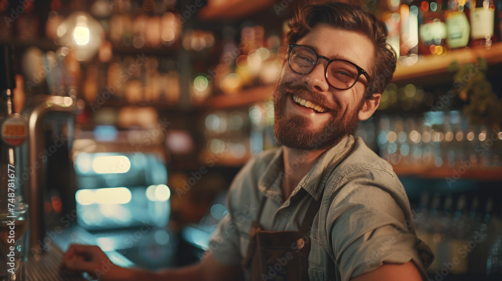 Fototapeta premium young smiling bartender on the background of a bar with copy space