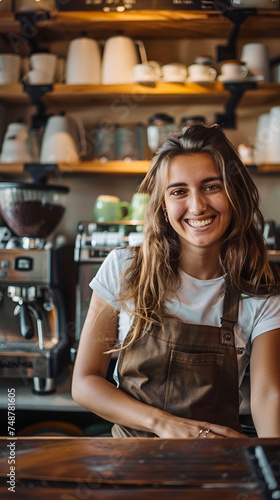 young smiling barista on the background of a coffee shop with a coffee machine and coffee with copy space
