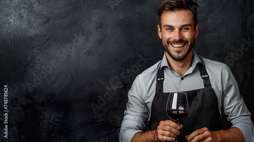 young smiling sommelier holding a glass of red wine on a black background with space for text