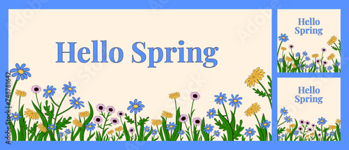 Set of spring backgrounds in retro style. Vector horizontal banner with wildflowers around the edge and space for text. Square backgrounds for posts on social networks.