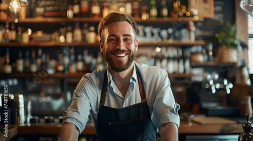 young smiling bartender on the background of a bar with copy space
