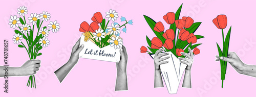 Modern set of greeting elements in retro collage style. Female hands with a halftone effect hold a bouquet of flowers, a congratulatory envelope with flowers, daisies and tulips.