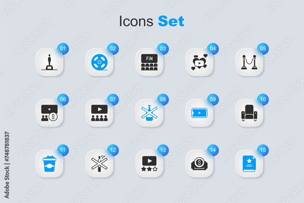 Set Cinema ticket, auditorium with screen, Film reel, Popcorn cardboard box, Scenario, chair, Movie trophy and No alcohol icon. Vector Set Cinema ticket, auditorium with screen, Film reel, Popcorn cardboard box, Scenario, chair, Movie trophy and No alcohol icon. Vector