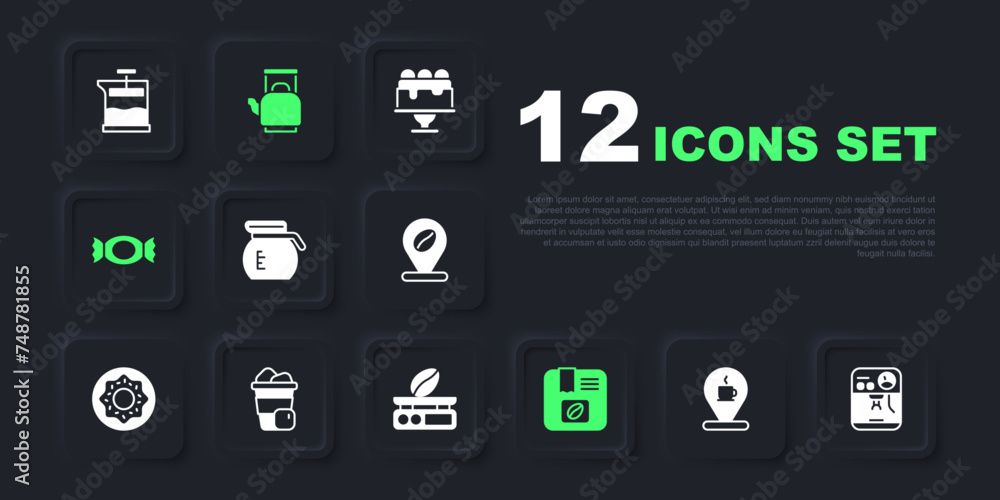 Set Location with coffee cup, Coffee machine, pot, Bag beans, Candy, Iced, Kettle handle and Electronic scales icon. Vector Set Location with coffee cup, Coffee machine, pot, Bag beans, Candy, Iced, Kettle handle and Electronic scales icon. Vector