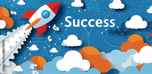 Ascending to Success: A Stylized Rocket Pierces the Cloudscape Highlighting the Journey of Startup Achievement and Entrepreneurial Ascent