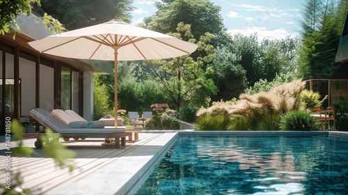 The Peaceful Ambiance of a Swimming Pool Under the Protection of a Parasol © Watasiwa