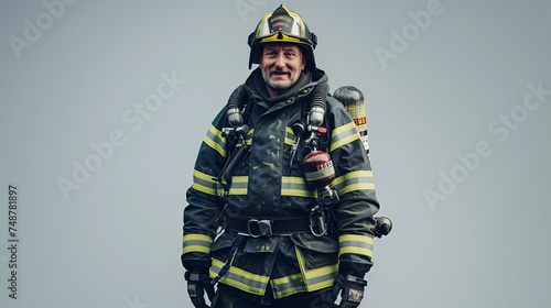 full-length firefighter on a gray background with copy space