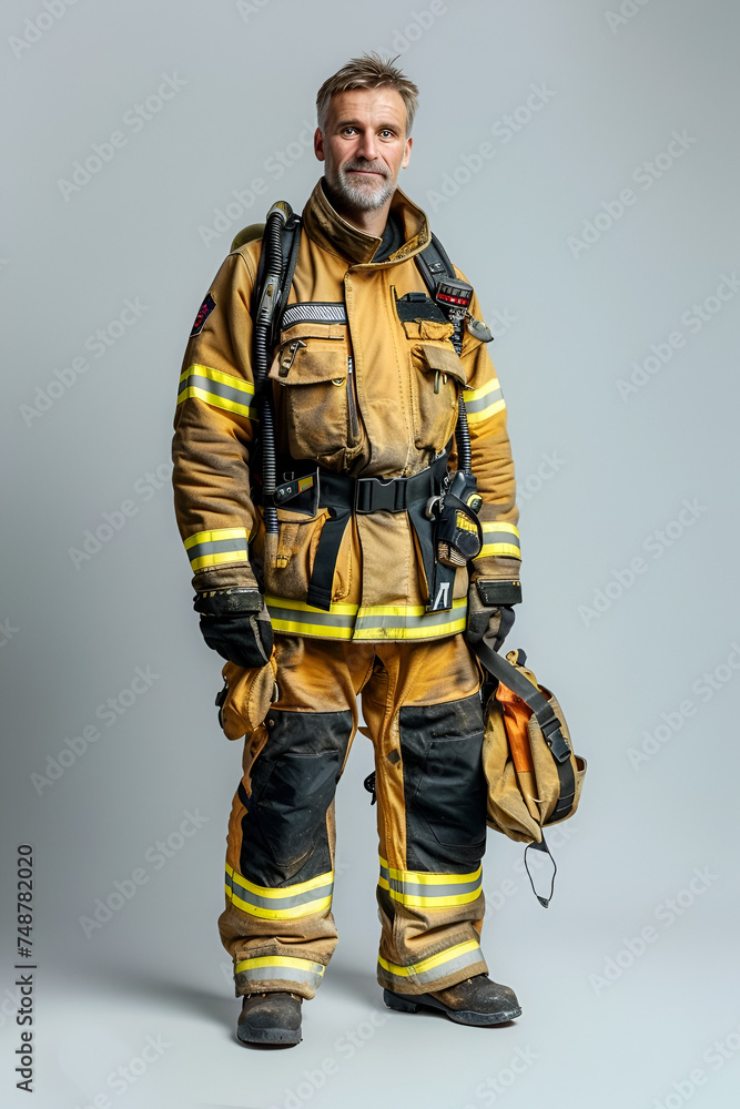 full-length fireman on a light background with copy space full-length fireman on a light background with copy space