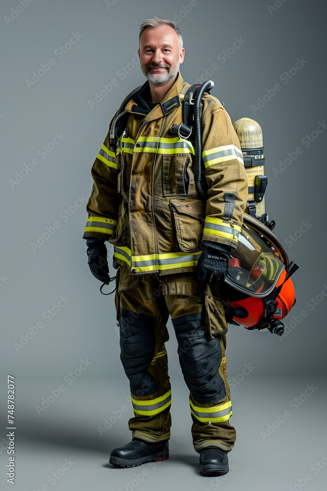 full-length firefighter on a gray background with copy space full-length firefighter on a gray background with copy space